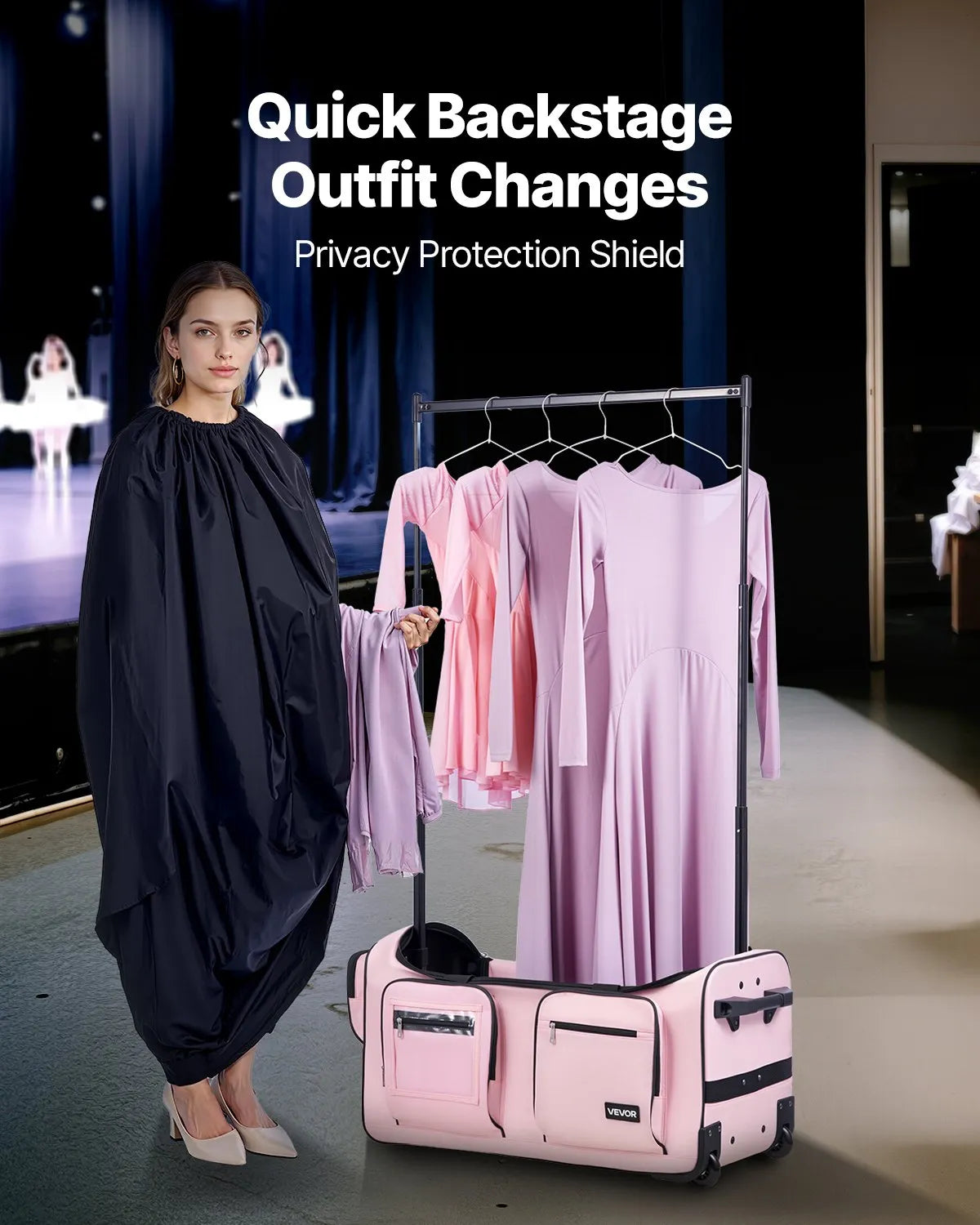 29" Rolling Dance Bag with Garment Rack - Height Adjustable Clothes Rack, USB Port & Privacy Curtain - Matte Pink