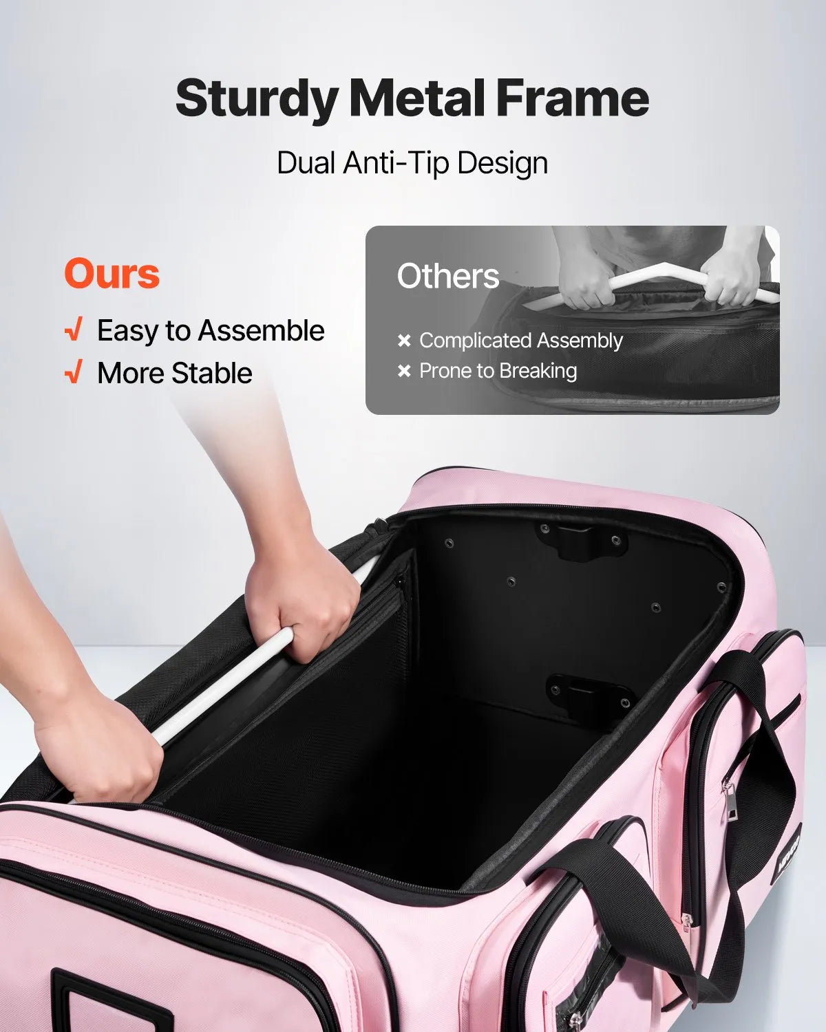 29" Rolling Dance Bag with Garment Rack - Height Adjustable Clothes Rack, USB Port & Privacy Curtain - Matte Pink