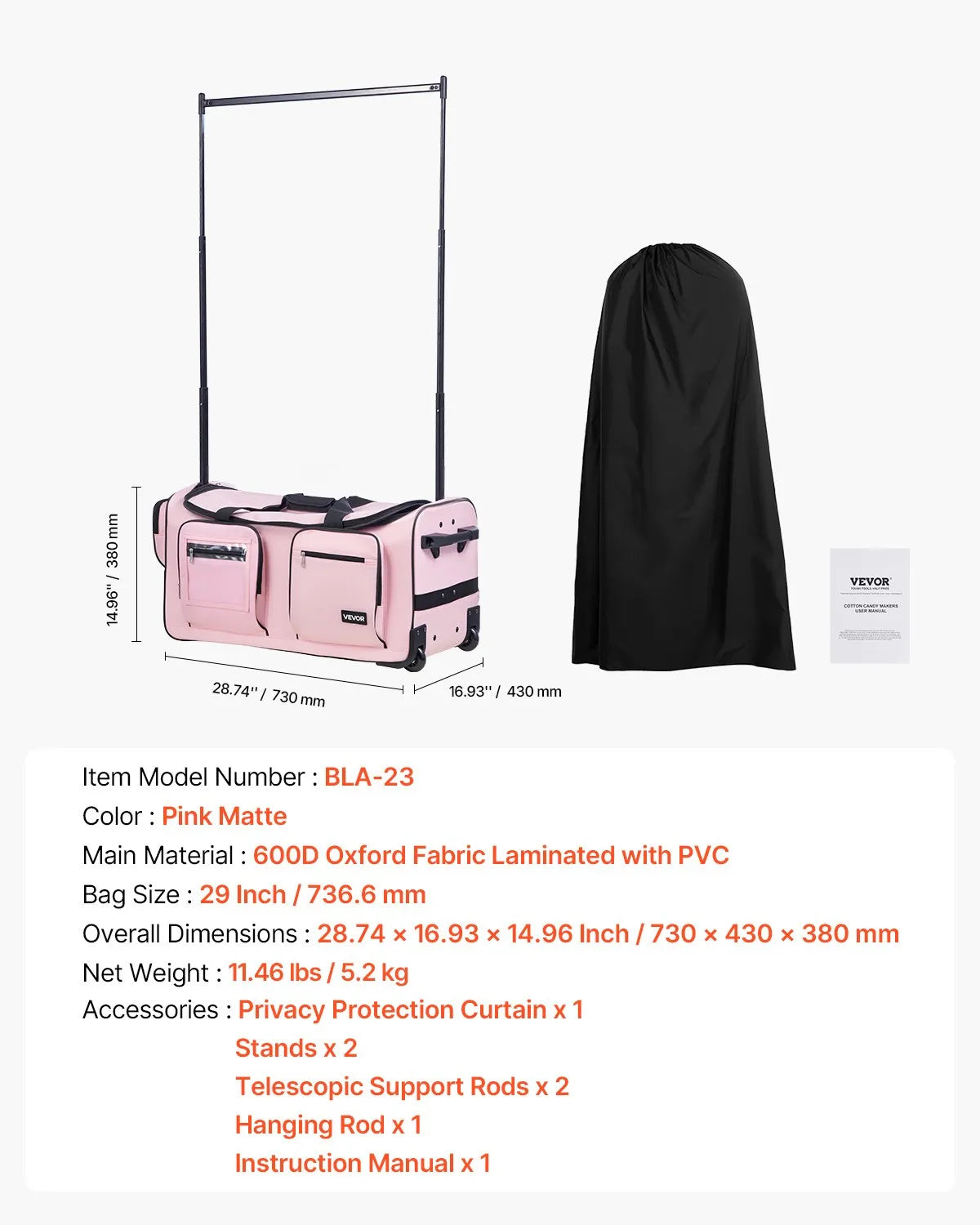 29" Rolling Dance Bag with Garment Rack - Height Adjustable Clothes Rack, USB Port & Privacy Curtain - Matte Pink
