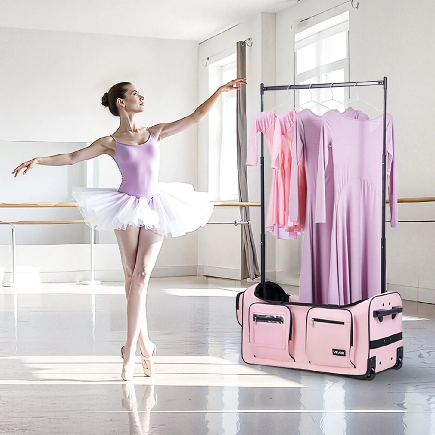 29" Rolling Dance Bag with Garment Rack - Height Adjustable Clothes Rack, USB Port & Privacy Curtain - Matte Pink