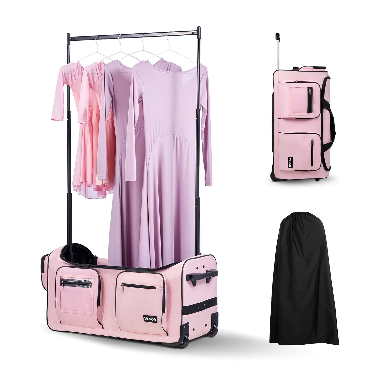 29" Rolling Dance Bag with Garment Rack - Height Adjustable Clothes Rack, USB Port & Privacy Curtain - Matte Pink