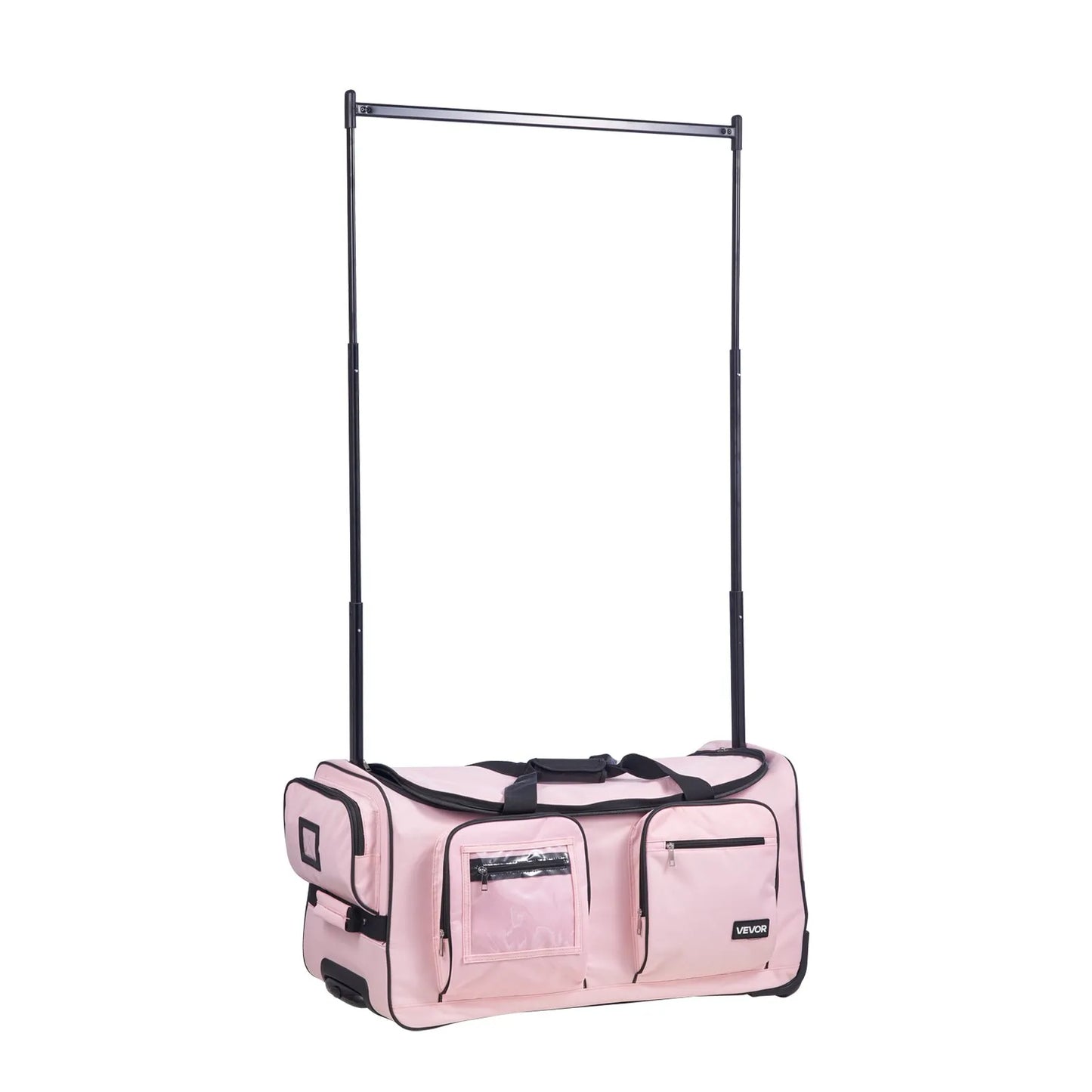 29" Rolling Dance Bag with Garment Rack - Height Adjustable Clothes Rack, USB Port & Privacy Curtain - Matte Pink