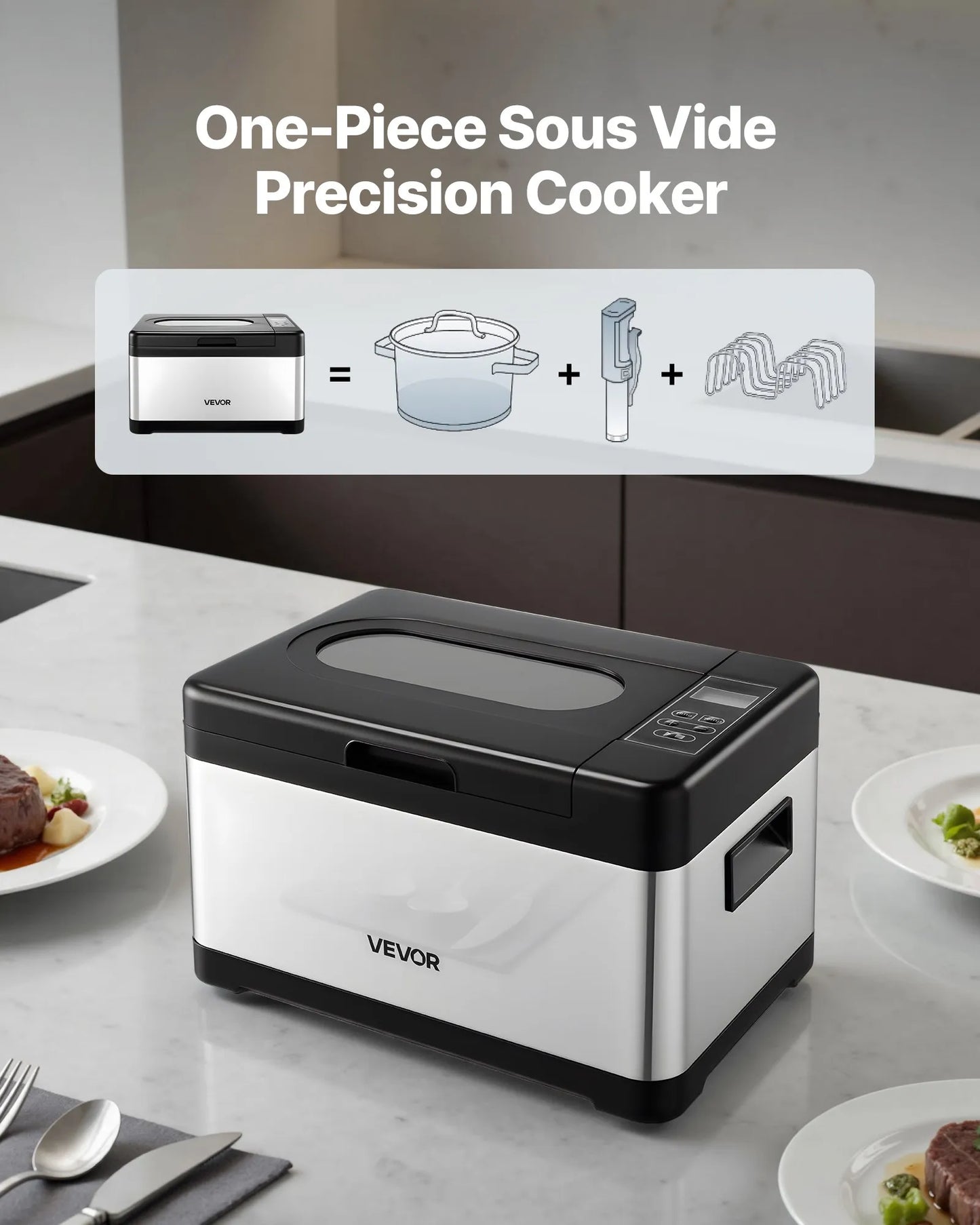 Sous Vide Cooker - 800W All-in-One Sous Vide Machine with LED Display & Glass Lid - Precision Cooking