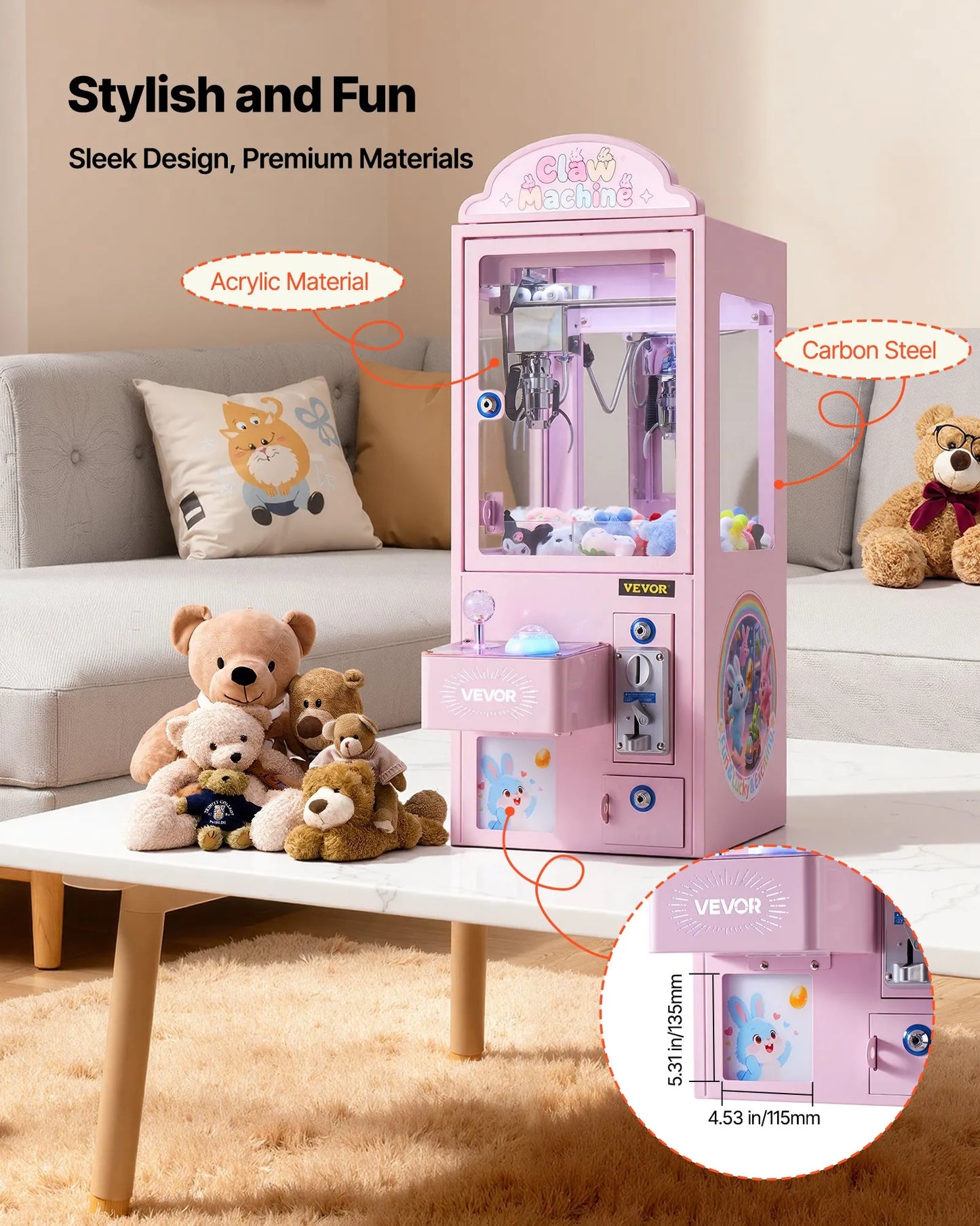 Claw Crane Machine - Medium Arcade Game with Lights & Sound - Adjustable Steel Claws Prize Grabber