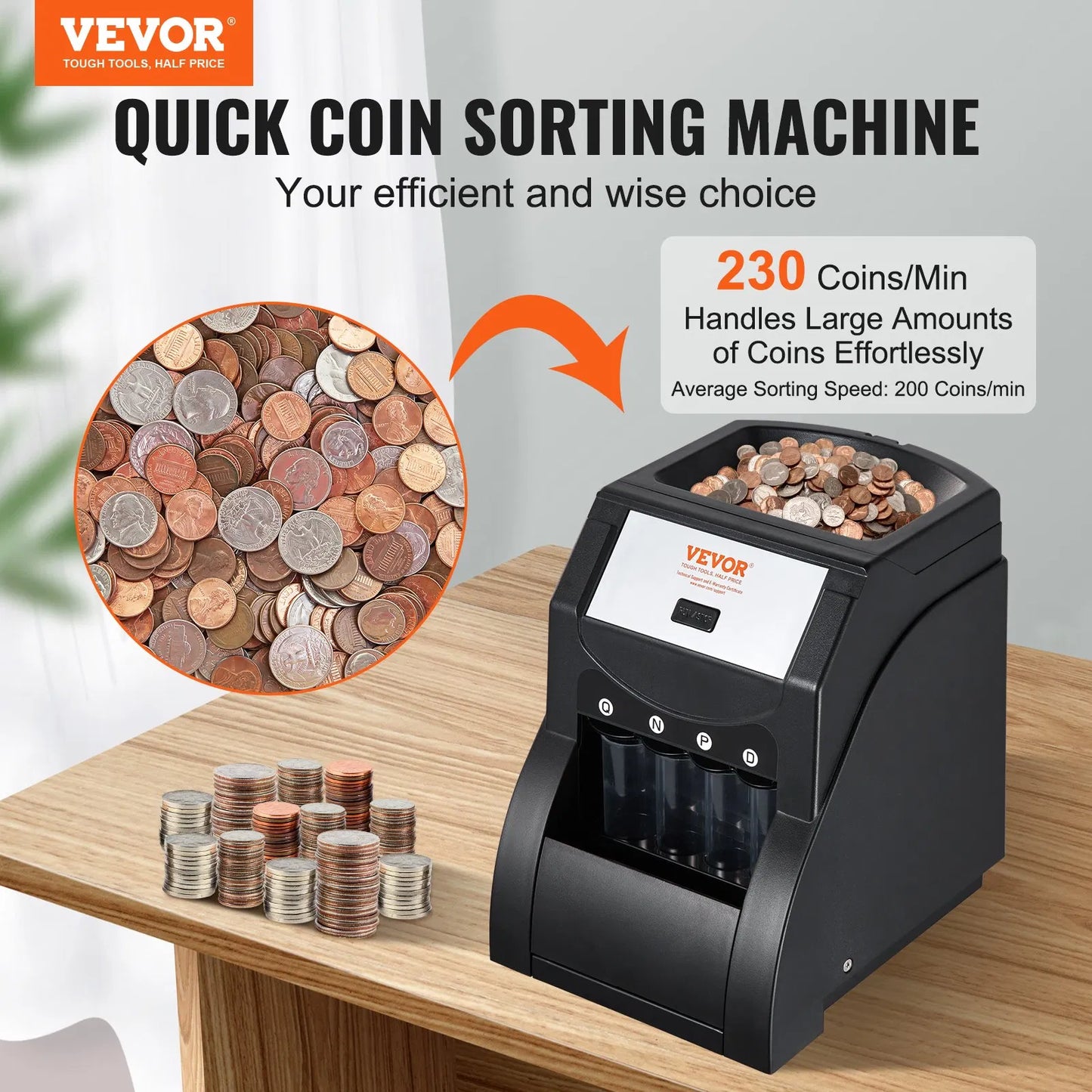 Coin Sorter Machine - USD Coin Counter & Wrapper - 230 Coins/Min - Professional Money Counting Machine with 4 Tubes