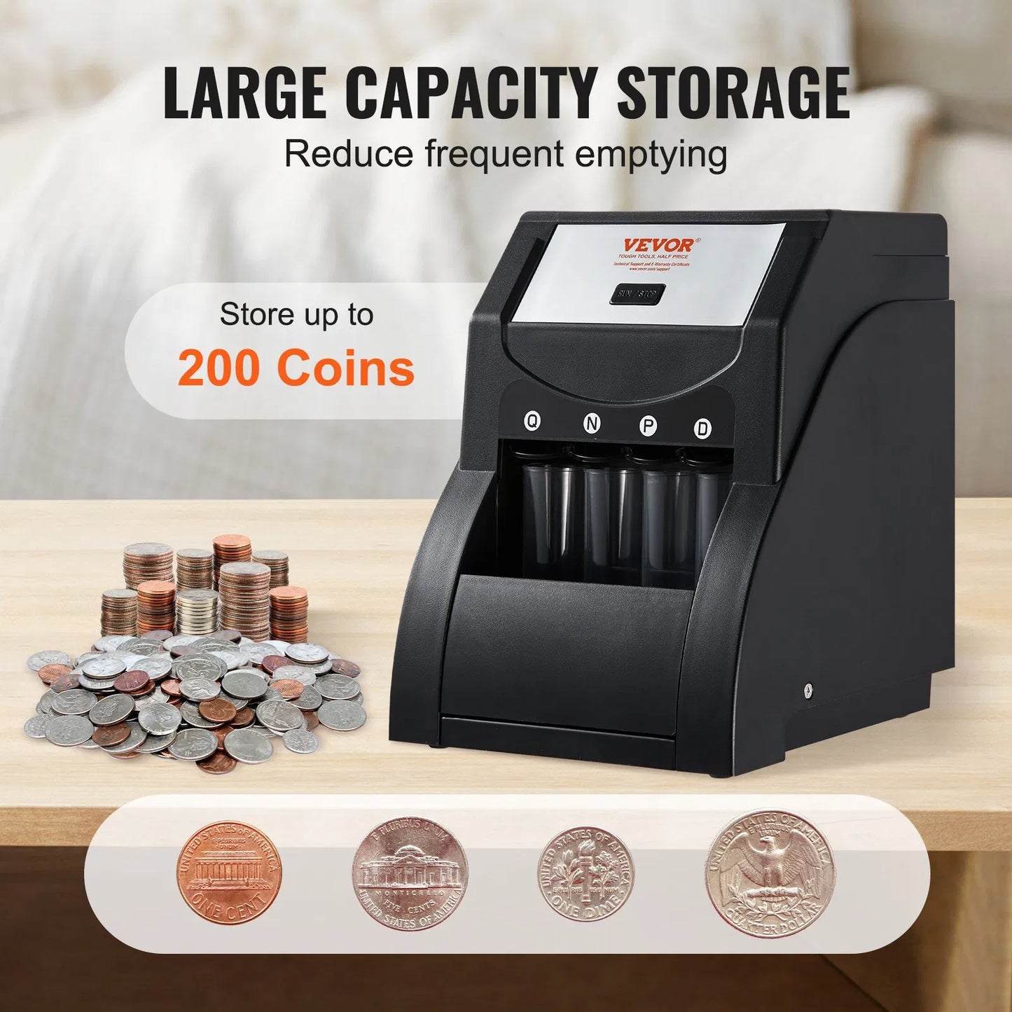 Coin Sorter Machine - USD Coin Counter & Wrapper - 230 Coins/Min - Professional Money Counting Machine with 4 Tubes