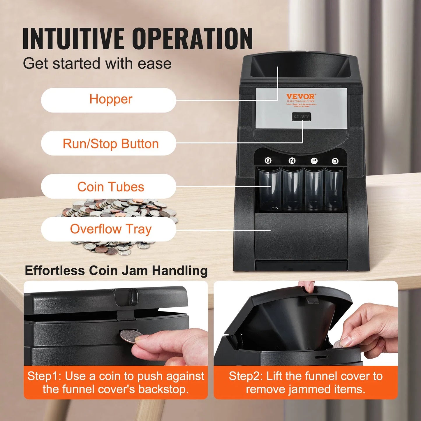 Coin Sorter Machine - USD Coin Counter & Wrapper - 230 Coins/Min - Professional Money Counting Machine with 4 Tubes