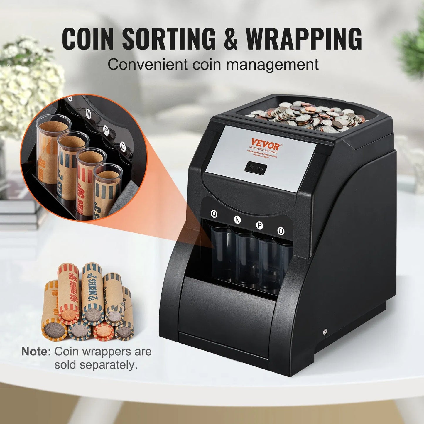 Coin Sorter Machine - USD Coin Counter & Wrapper - 230 Coins/Min - Professional Money Counting Machine with 4 Tubes